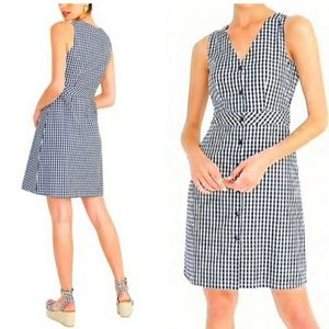 J. Crew Navy Blue and White Gingham Plaid V-neck Button Sleeveless Dress - 8